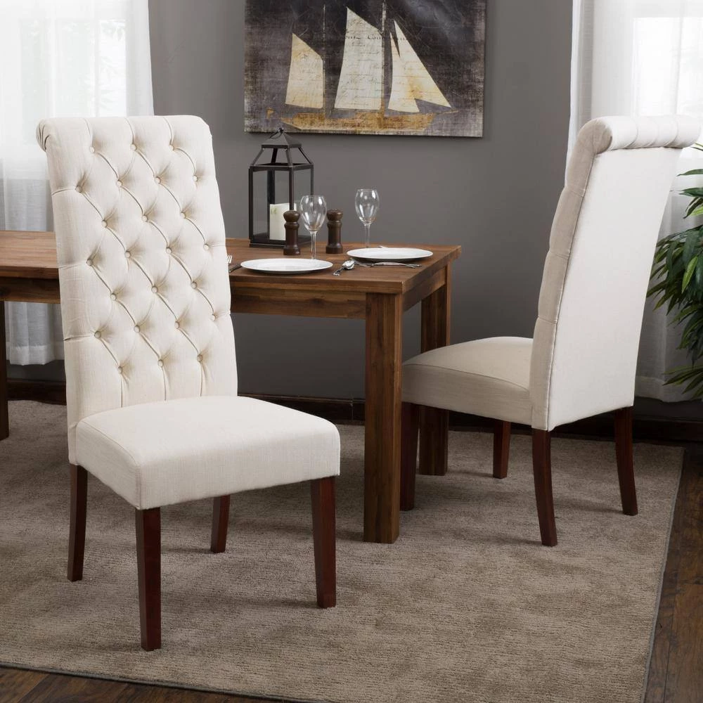 George Natural Fabric Tall-Back Tufted Dining Chair (Set of 2) by Noble House - Image 6