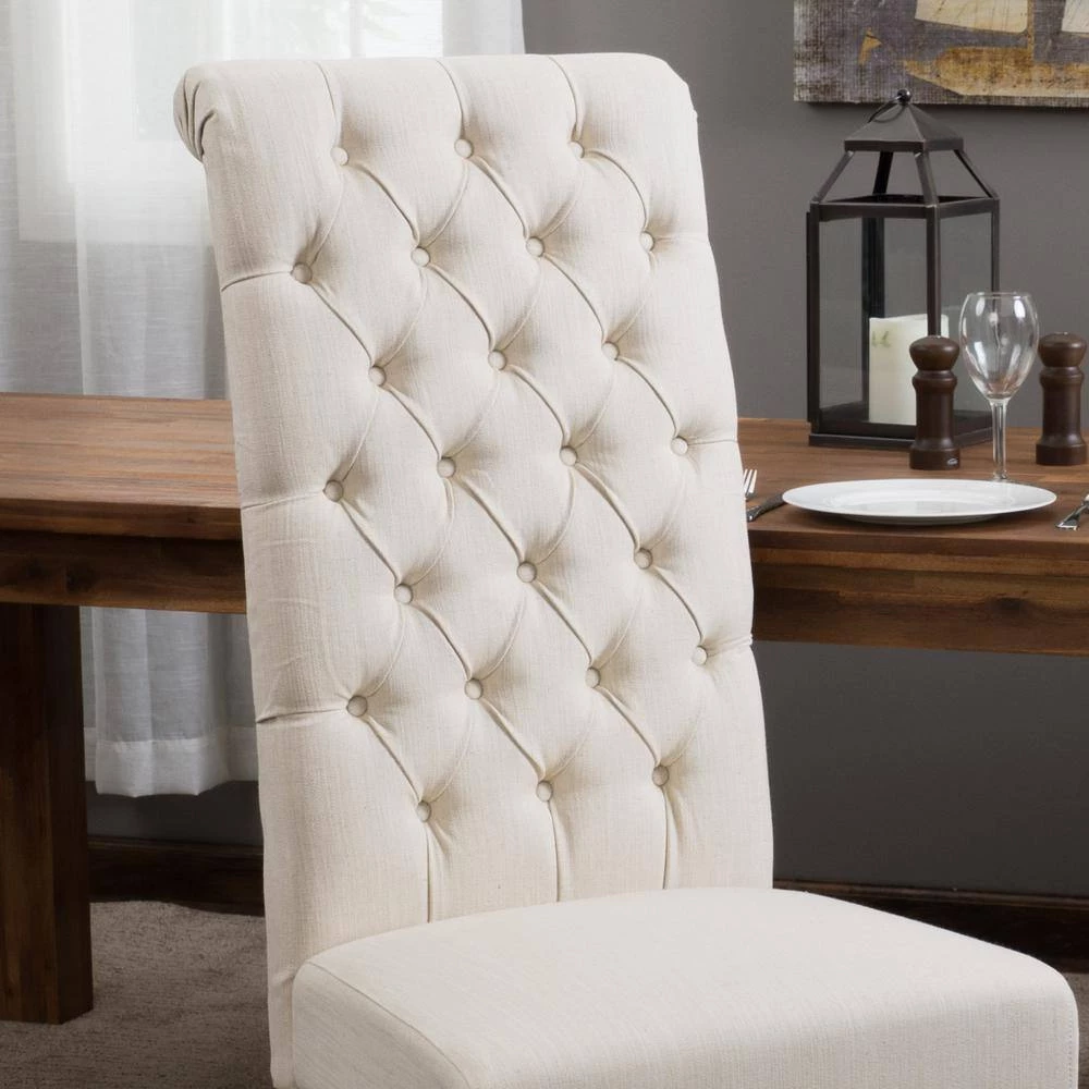 George Natural Fabric Tall-Back Tufted Dining Chair (Set of 2) by Noble House - Image 3