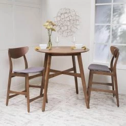 3-Piece Natural Walnut Wood and Dark Gray Fabric Counter Height Dining Set by Noble House