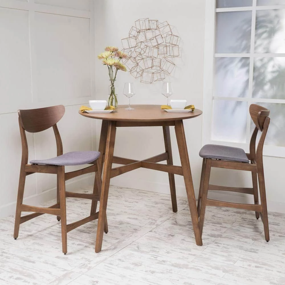 3-Piece Natural Walnut Wood and Dark Gray Fabric Counter Height Dining Set by Noble House