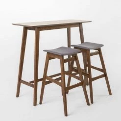 3-Piece Natural Walnut Wood and Dark Gray Fabric Bar Set by Noble House