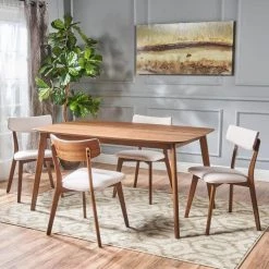 Alma 5-Piece Natural Walnut and Light Beige Dining Set by Noble House