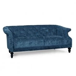 Ellerslie 75 in. Width Navy Blue and Dark Brown Polyester 3-Seats Sofa with Tufted Back by Noble House