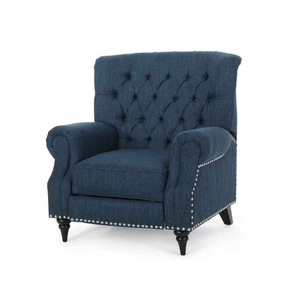 Waldron Navy Blue and Espresso Tufted Recliner by Noble House