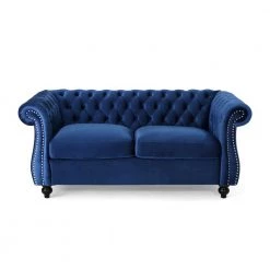 Somerville 61.8 in. Navy Blue Tufted Velvet 2-Seater Chesterfield Loveseat with Nailheads by Noble House