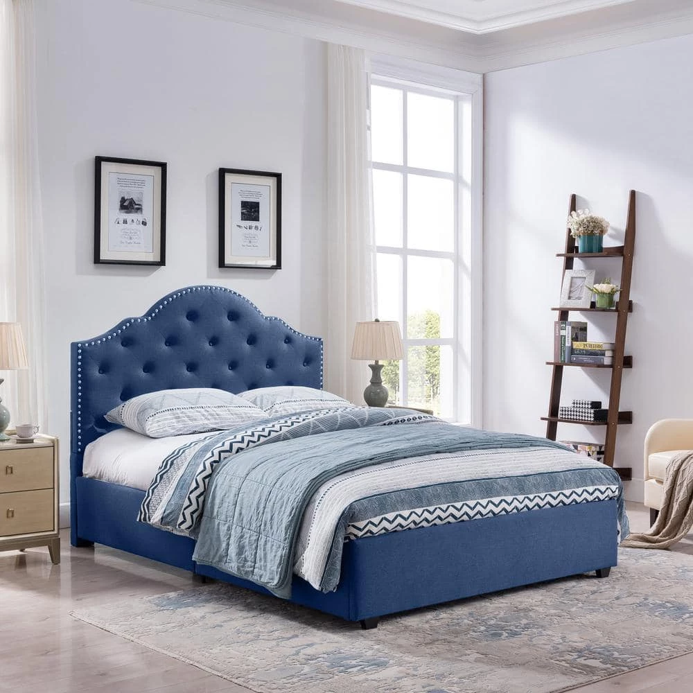 Cordeaux Queen-Size Navy Blue Fully Upholstered Bed Frame with Button Tufting and Nailhead Accents by Noble House - Image 7