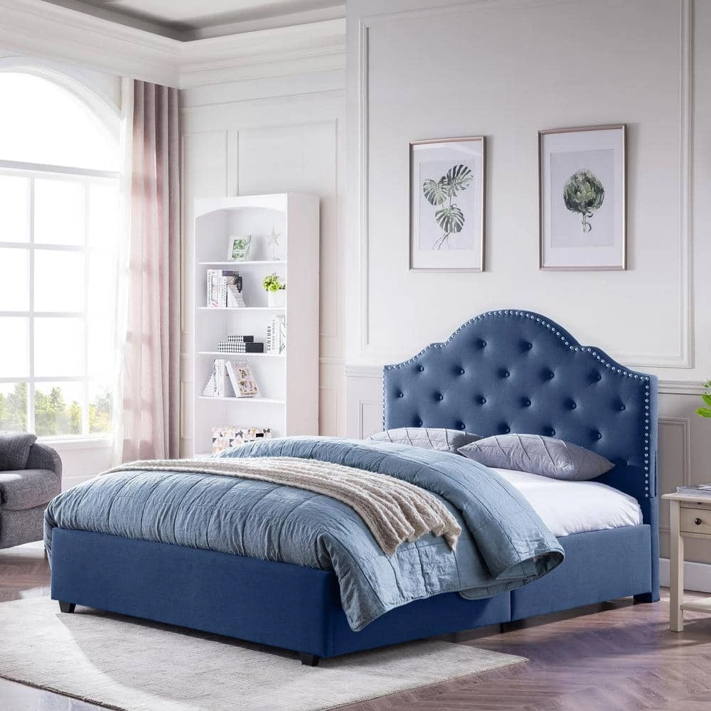 Cordeaux Queen-Size Navy Blue Fully Upholstered Bed Frame with Button Tufting and Nailhead Accents by Noble House - Image 3