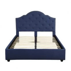 Cordeaux Queen-Size Navy Blue Fully Upholstered Bed Frame with Button Tufting and Nailhead Accents by Noble House