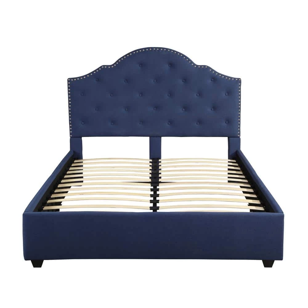Cordeaux Queen-Size Navy Blue Fully Upholstered Bed Frame with Button Tufting and Nailhead Accents by Noble House
