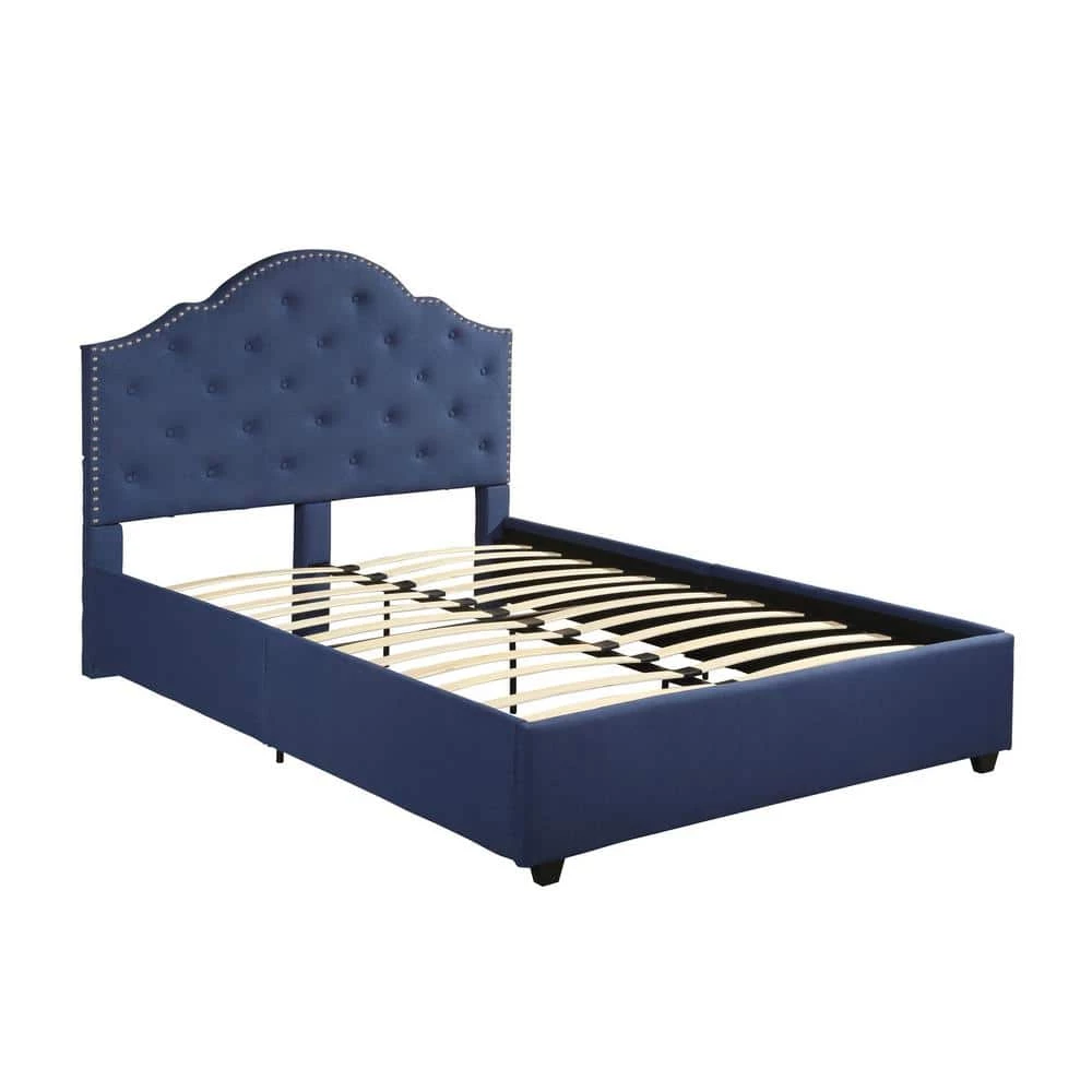 Cordeaux Queen-Size Navy Blue Fully Upholstered Bed Frame with Button Tufting and Nailhead Accents by Noble House - Image 6
