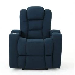 Emersyn Navy Blue Fabric Motor-Powered Recliner with Arm Storage and USB Port by Noble House