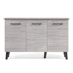 Emlyn Mid-Century Modern Oak Gray Fiberboard 3-Door Cabinet by Noble House