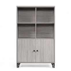 Justina Mid-Century Modern Oak Gray Fiberboard 2-Door Cabinet with 4-Open Shelves by Noble House