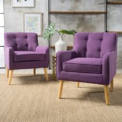 Felicity Mid-Century Modern Button Back Purple Fabric Armchairs (Set of 2) by Noble House
