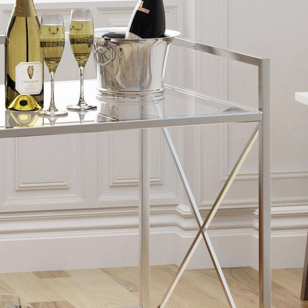 Ignatius Industrial Modern Silver Iron 2-Tier Bar Cart with Glass Shelves by Noble House - Image 2