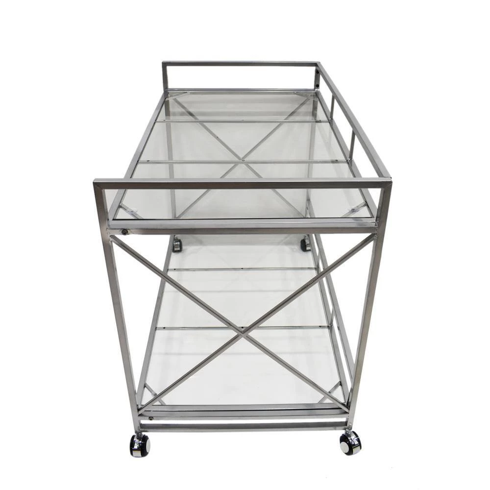 Ignatius Industrial Modern Silver Iron 2-Tier Bar Cart with Glass Shelves by Noble House - Image 6