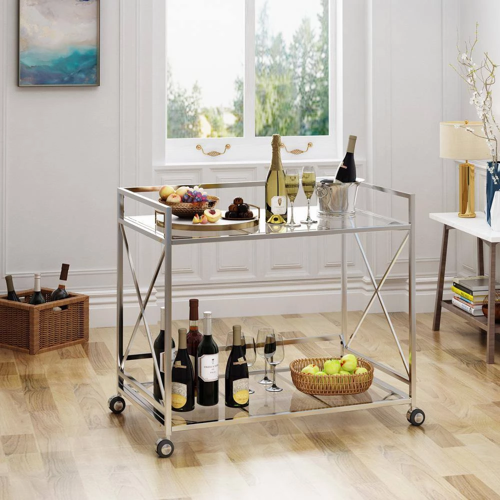 Ignatius Industrial Modern Silver Iron 2-Tier Bar Cart with Glass Shelves by Noble House - Image 5