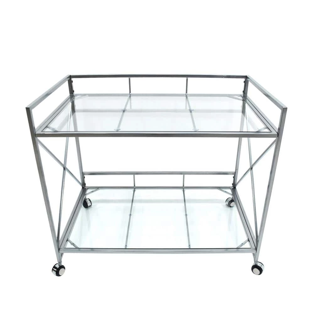 Ignatius Industrial Modern Silver Iron 2-Tier Bar Cart with Glass Shelves by Noble House