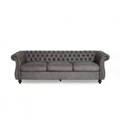 Somerville 84.5 in. Slate Solid Microfiber 3-Seats Cheserfield Sofa with Removable Cushions by Noble House