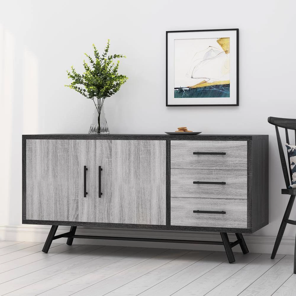 Platter Somona Gray Oak with Gray Oak and Matte Black Sideboard with 2-Doors by Noble House - Image 7