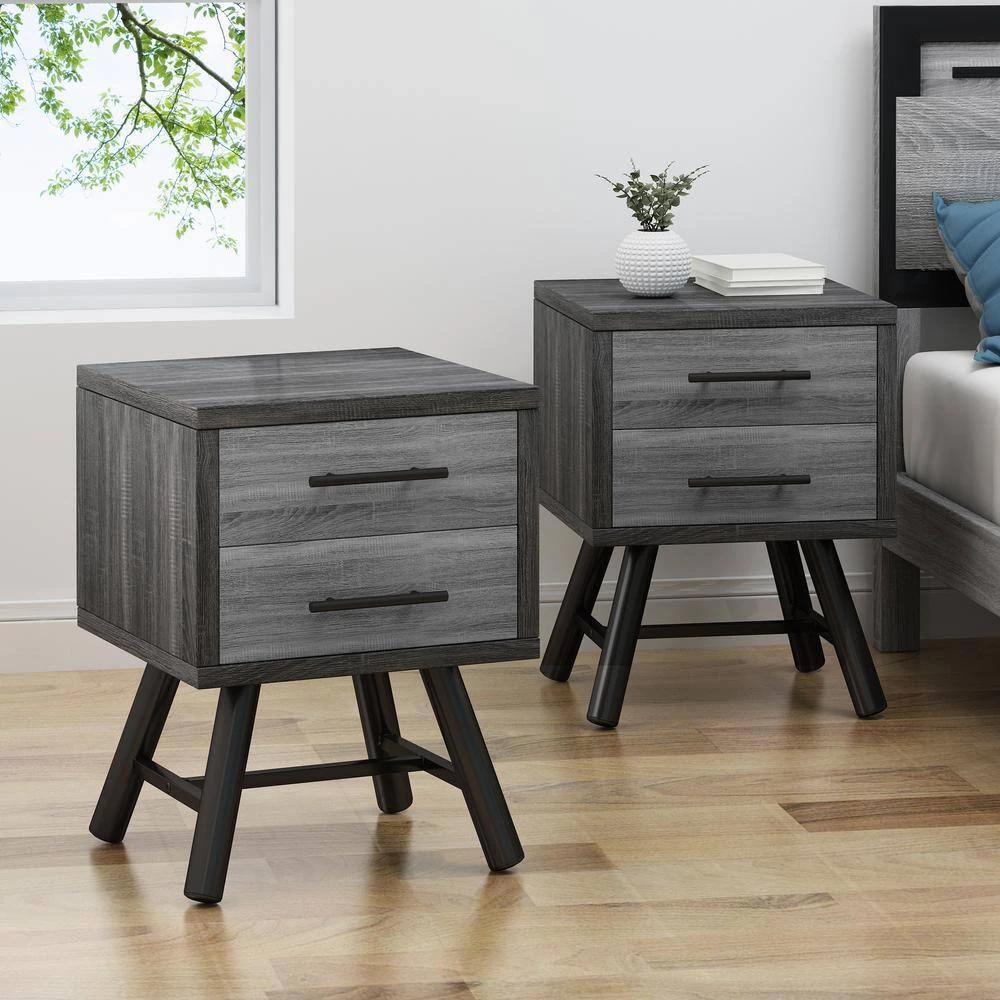 Burgoyne 2-Drawer Sonoma Grey Oak Nightstand 22.8 in. x 16.54 in. x 15.7 in. (Set of 2) by Noble House - Image 9