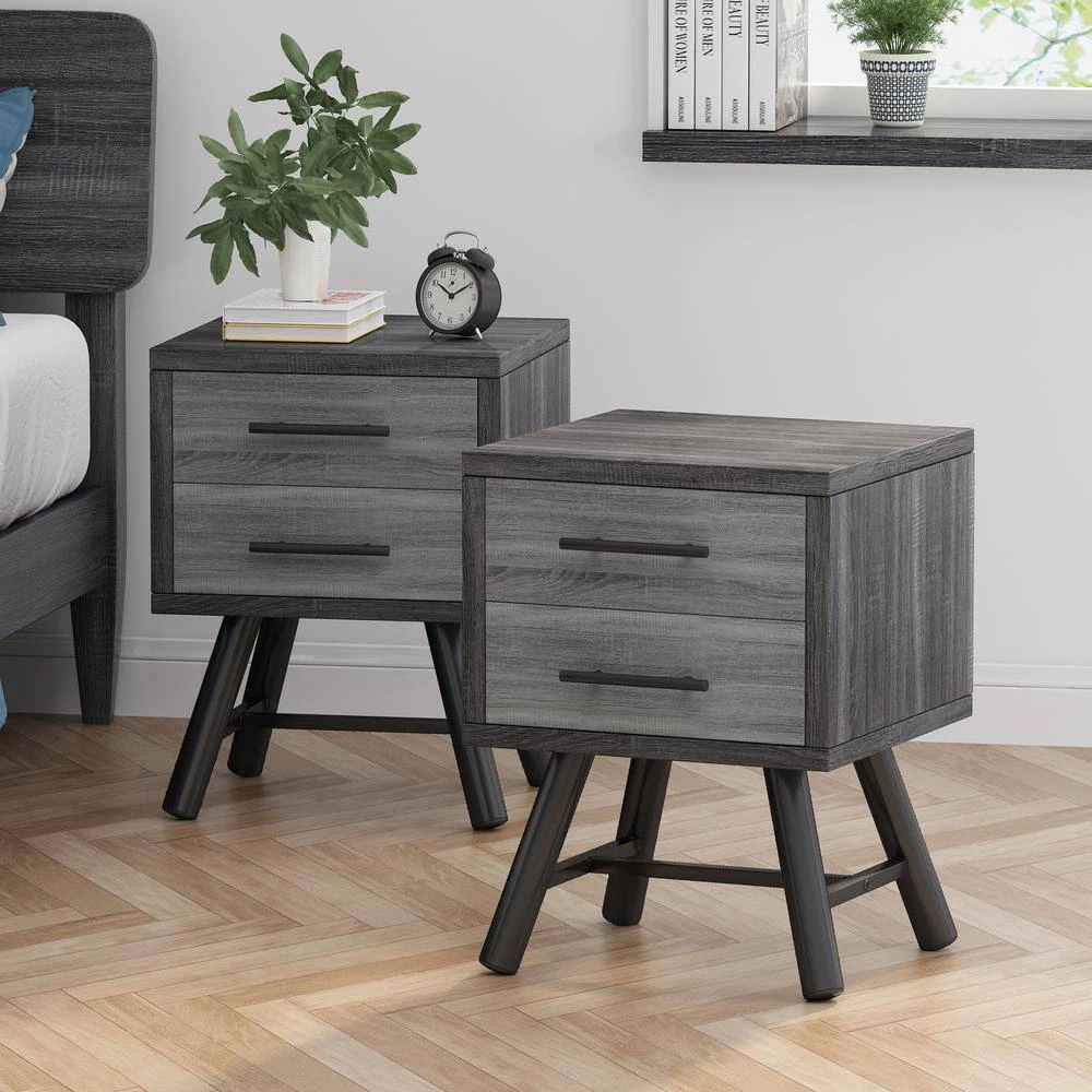 Burgoyne 2-Drawer Sonoma Grey Oak Nightstand 22.8 in. x 16.54 in. x 15.7 in. (Set of 2) by Noble House - Image 3