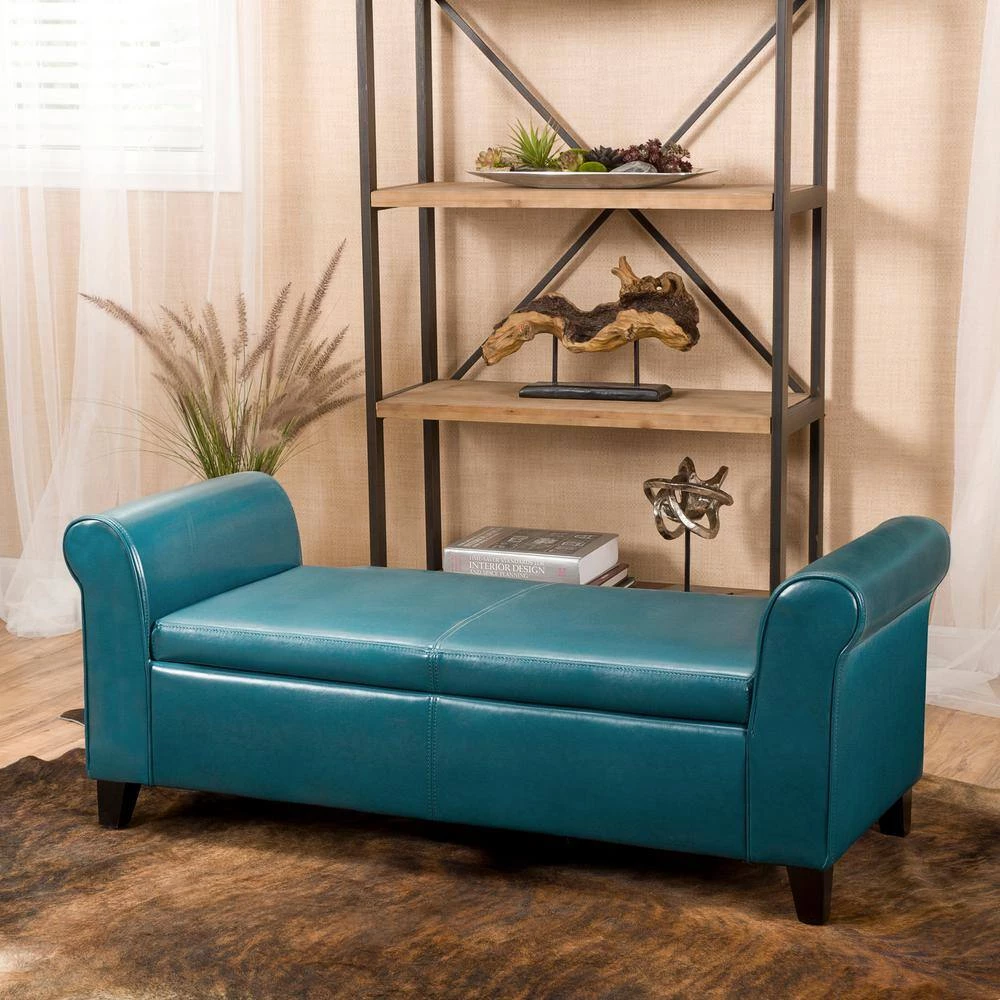 Hayes Teal PU Leather Armed Storage Bench by Noble House - Image 10