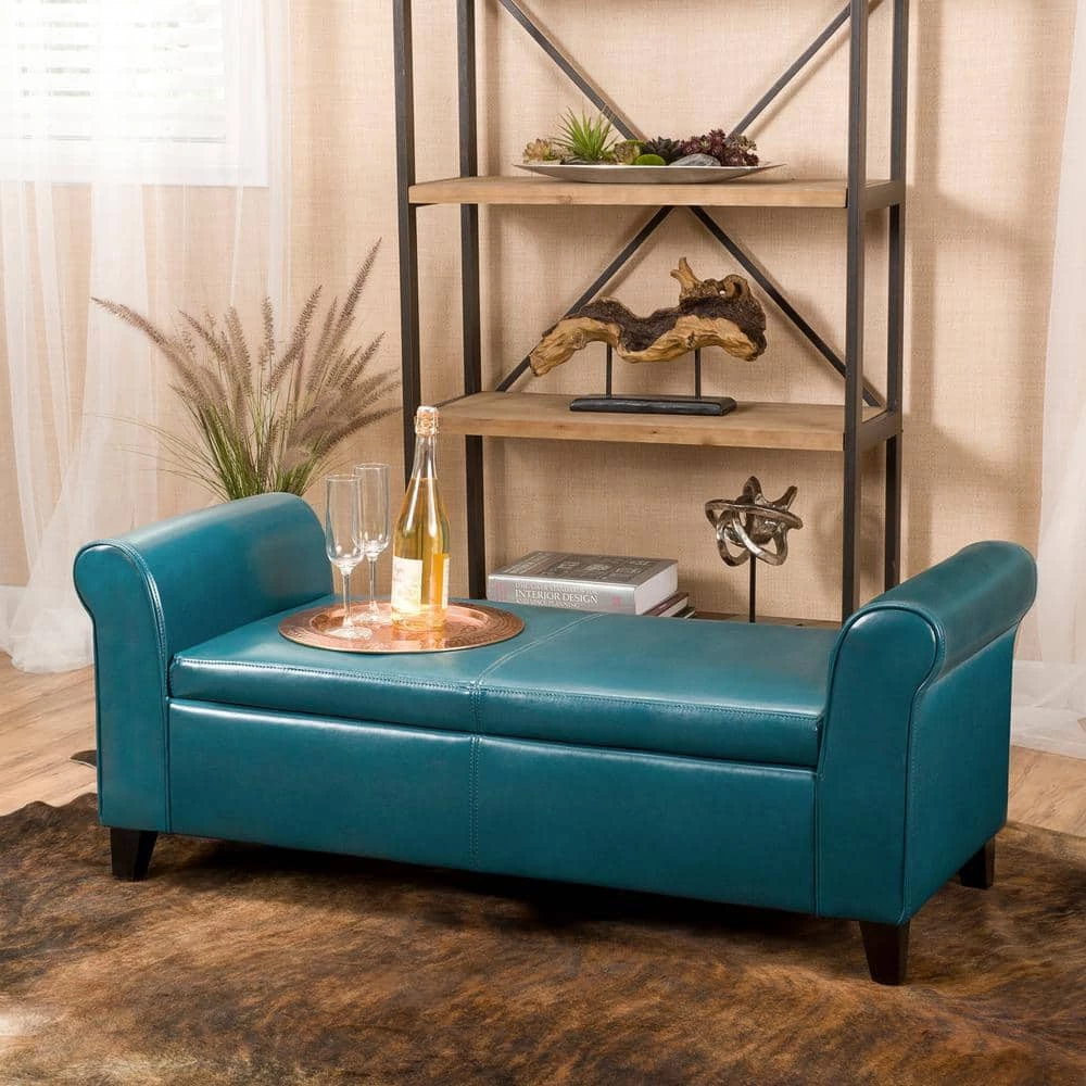 Hayes Teal PU Leather Armed Storage Bench by Noble House - Image 8