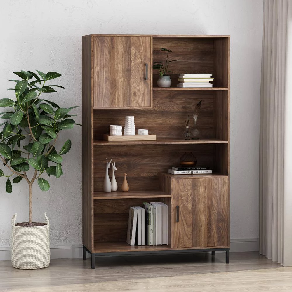 Frankford 64.5 in. Walnut Wood 4-Shelf Standard Bookcase with Drawers by Noble House - Image 3