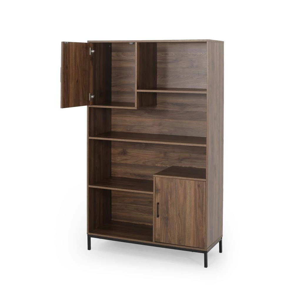 Frankford 64.5 in. Walnut Wood 4-Shelf Standard Bookcase with Drawers by Noble House - Image 6