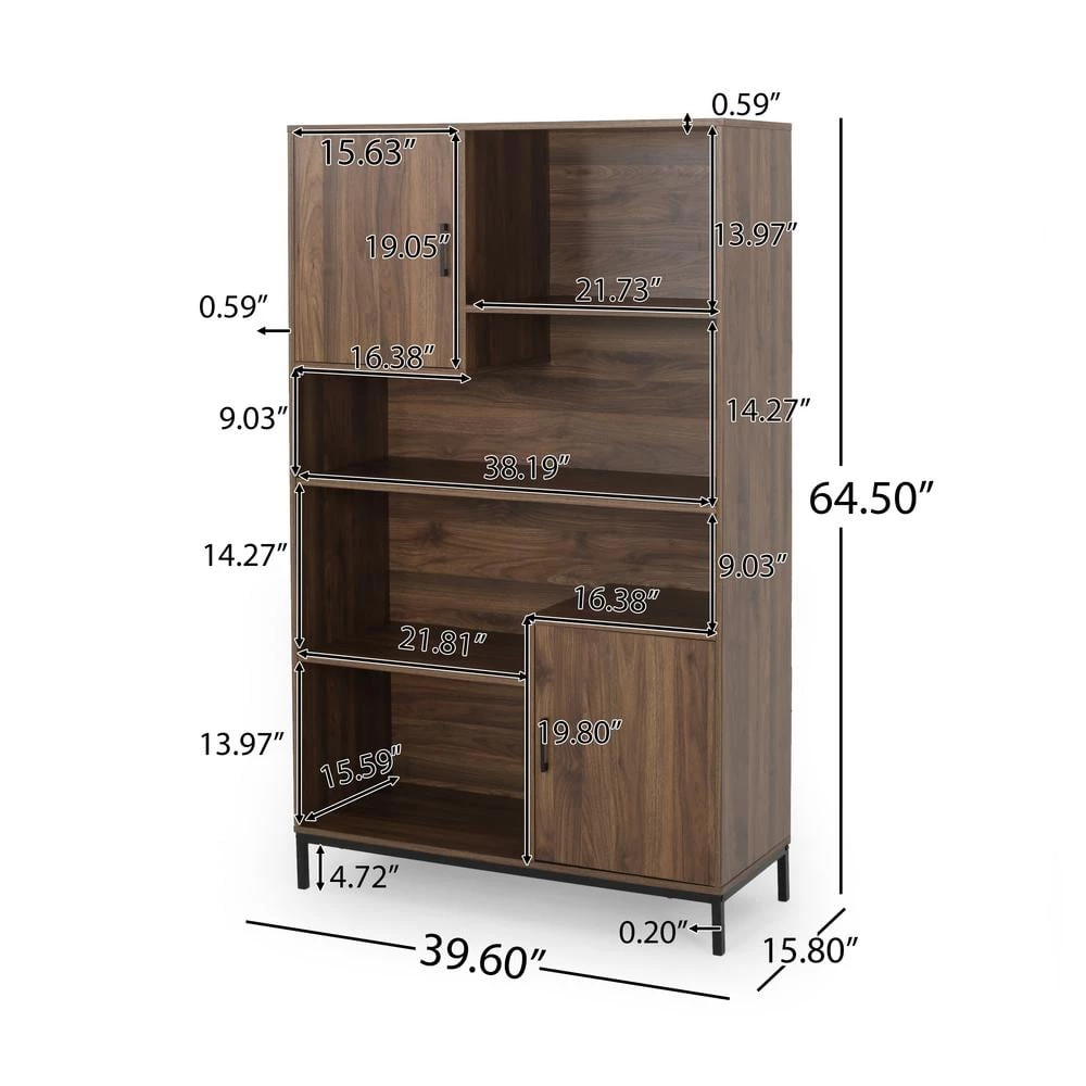 Frankford 64.5 in. Walnut Wood 4-Shelf Standard Bookcase with Drawers by Noble House - Image 5