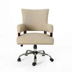 Bonaparte Traditional Studded Wheat Fabric Adjustable Home Office Chair with Wheels by Noble House