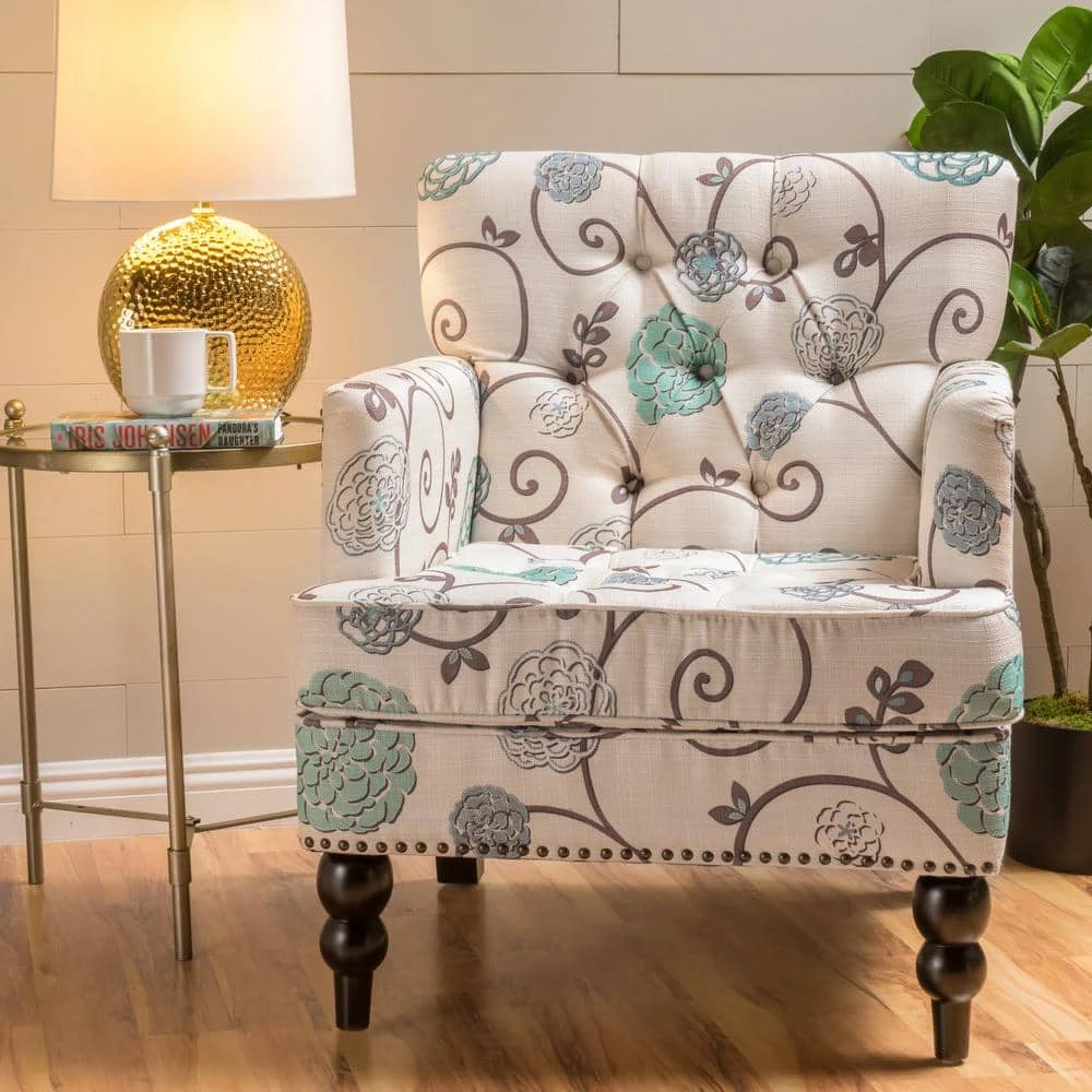 Malone White and Blue Floral Tufted Club Chair by Noble House - Image 10