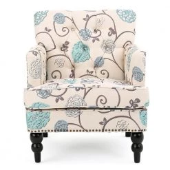 Malone White and Blue Floral Tufted Club Chair by Noble House