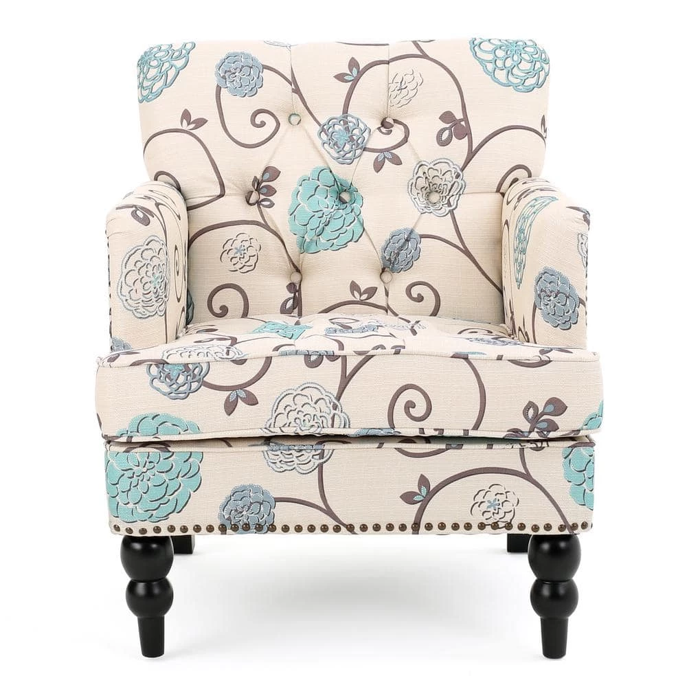 Malone White and Blue Floral Tufted Club Chair by Noble House