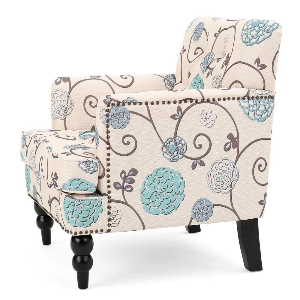 Malone White and Blue Floral Tufted Club Chair by Noble House - Image 7