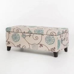 Ramona White and Blue Floral Fabric Storage Ottoman by Noble House