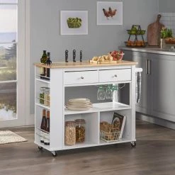 Cato White Kitchen Cart with Storage by Noble House