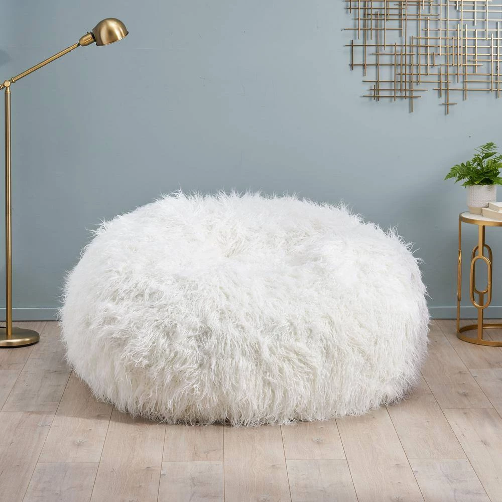 5 ft. White Long Faux Fur Bean Bag by Noble House - Image 4