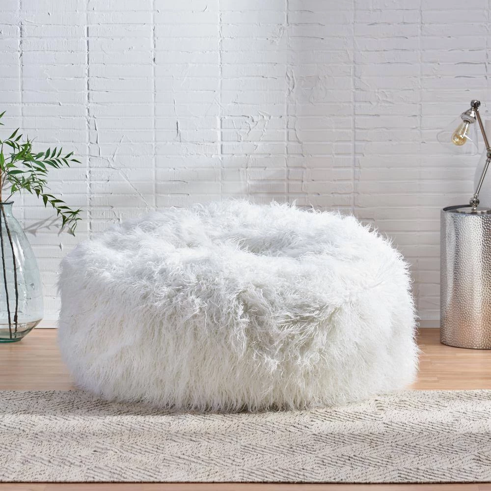 5 ft. White Long Faux Fur Bean Bag by Noble House - Image 2