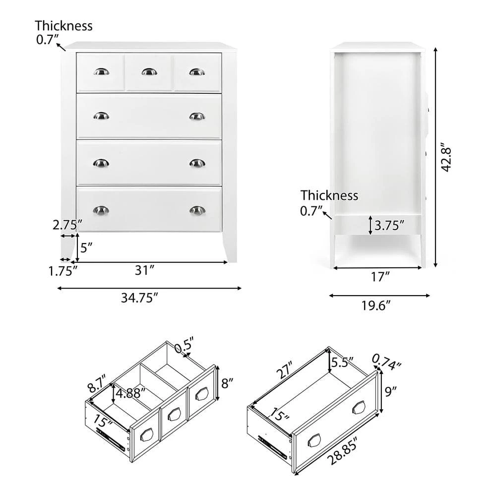Bellic 4-Drawer White Dresser Rectangle Medium Density Fiberboard (MDF) 42.75 in. x 34.75 in. x 19.75 in. by Noble House - Image 5