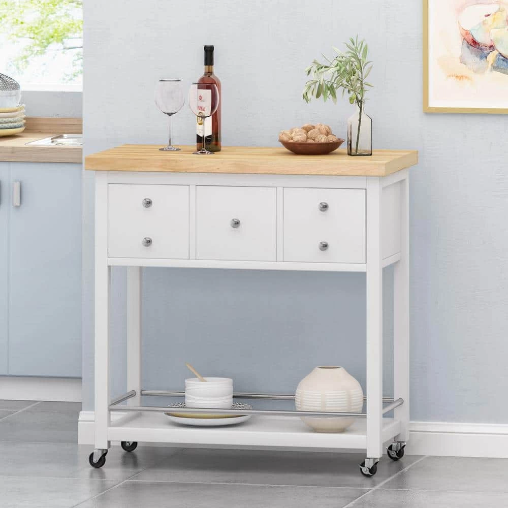 Dellroy White Kitchen Cart with Storage by Noble House